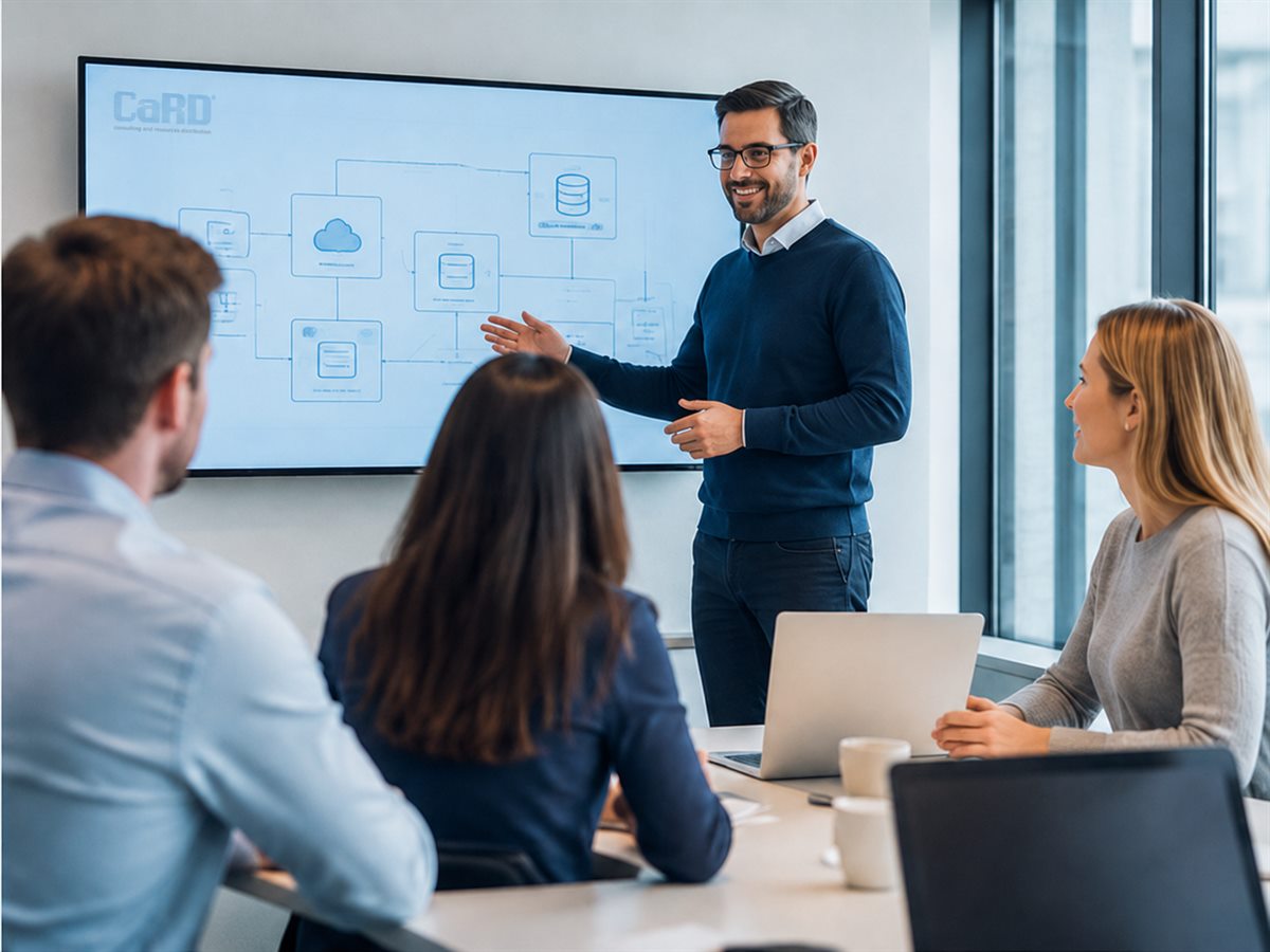 A CaRD consultant presenting an SAP system architecture to the client team